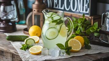 A pitcher of lemonade with cucumbers and lemons photo