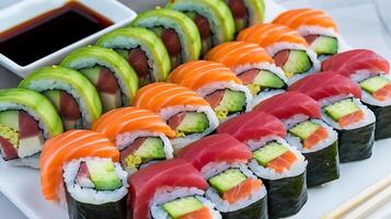 Sushi rolls with different colors and toppings photo