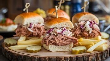 Pulled pork sliders with coleslaw and fries photo