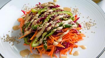 A plate with a salad with dressing on it photo