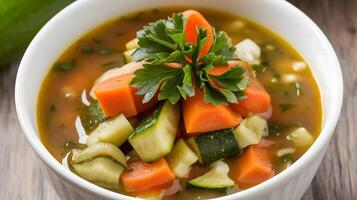 A bowl of vegetable soup with carrots and cucumbers photo
