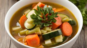 A bowl of vegetable soup with carrots, cucumbers and parsley photo