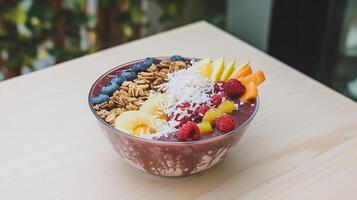 A smoothie bowl with fruit and nuts on top photo