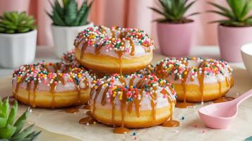 A table with several donuts with sprinkles and pink spoons photo