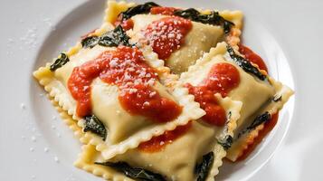 Three ravioli with tomato sauce and cheese on a white plate photo