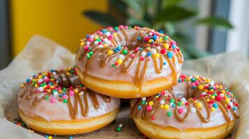 A close up of a donut with sprinkles and frosting photo