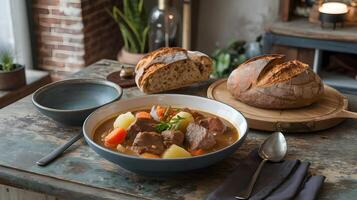 A bowl of stew with bread and a spoon on a table photo