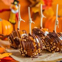 Chocolate caramel apples with nuts and drizzles photo
