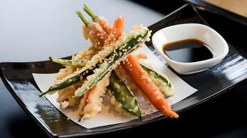 A plate with a bunch of vegetables and a dipping sauce photo