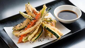 A plate with fried vegetables and dipping sauce photo