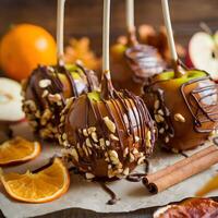 Chocolate covered apples with oranges and cinnamon sticks photo