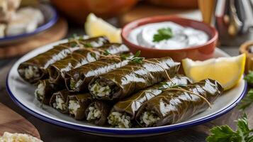 Grape leaves stuffed with meat and cheese photo