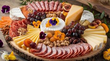 A platter of cheese, meat, and fruit photo
