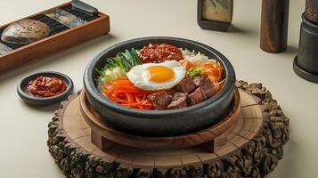 A bowl of food with an egg on top photo