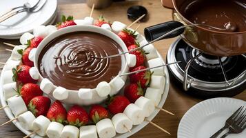 A fondant fondue with strawberries and marshmallows photo