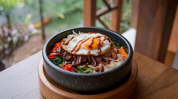 A bowl of food with an egg on top photo