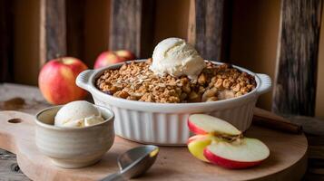 Apple crisp with vanilla ice cream photo