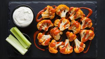 A plate of cauliflower with ranch dressing and celery photo
