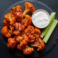 A plate of cauliflower with ranch dressing and celery photo