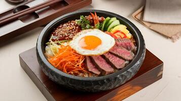 A bowl of food with meat, vegetables and an egg photo