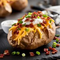 A baked potato topped with cheese, green onions and sour cream photo