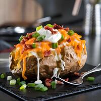 A baked potato topped with cheese and green onions photo