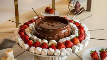 A chocolate fountain with strawberries and bananas photo