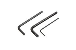 Three different sizes of L-shaped hex keys, also known as Allen wrenches, are displayed against a white background photo