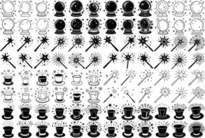 Magic Elements Collection with Crystal Balls, Wands, and Top Hats in Black and White vector
