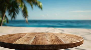 Wooden table with a round wooden tray on a tropical beach with turquoise water, palm trees, and rocks, creating a serene vacation atmosphere, perfect for summer travel themes photo