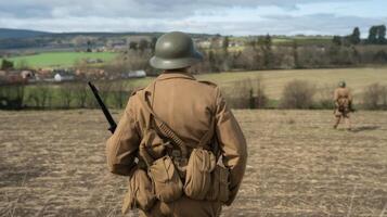 A soldier in a field with a rifle photo