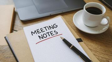 Meetings notes on notebook with coffee and pen photo