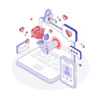 Dating App is an Isometric concept. A Hand climbs out of the monitor and Holds a Rose Flower. illustration vector