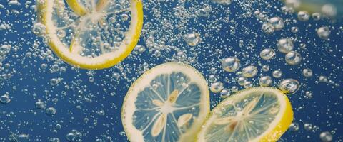 Underwater lemon slice in soda water or lemonade with bubbles. photo