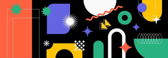 Abstract banner with retro shapes, basic brutal forms and figures in Y2K aesthetics, vintage stickers, logos, labels. Decorative design elements, illustration. vector
