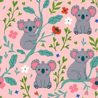 Seamless pattern with cute koalas and flowers. graphics vector