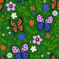 Seamless pattern with exotic flowers and butterflies. graphics vector