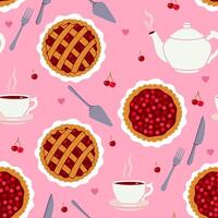 Seamless pattern with cherry pies, mugs, teapots, cutlery. graphics vector