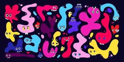 Colorful Abstract Liquid Organic Shapes with Cute and Funny Faces in Cartoon Y2K Style. Fluid irregular forms of monsters in doodle style isolated on black background. vector