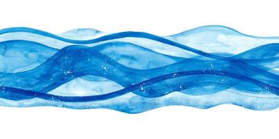 River in Watercolor Style Hand Painted. Abstract horizontal banner with waves. Blue water isolated on white background. Sea frame. Ocean minimal view vector