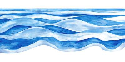 Hand Painted River in Watercolor Style. Abstract horizontal banner with waves. Blue water isolated on white background. Sea frame. Ocean minimal view vector