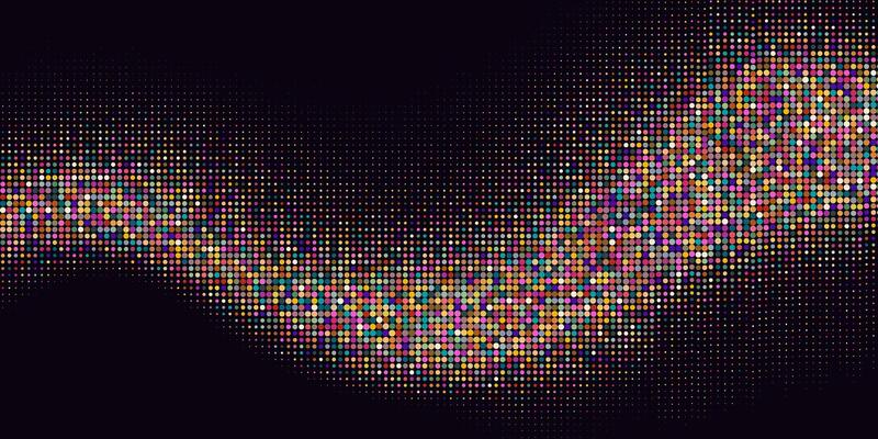 Abstract Halftone with Colorful Wave Isolated on Black Background. Pop art comic design with dots perfect as banner, wallpaper.