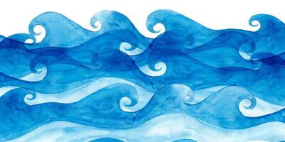Blue River in Watercolor Style Hand Painted. Abstract horizontal banner with waves. Water isolated on white background. Sea frame. Ocean minimal view vector