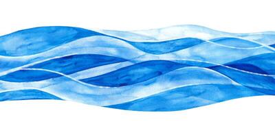 Beautiful River in Watercolor Style Hand Painted. Abstract horizontal banner with waves. Blue water isolated on white background. Sea frame. Ocean minimal view vector