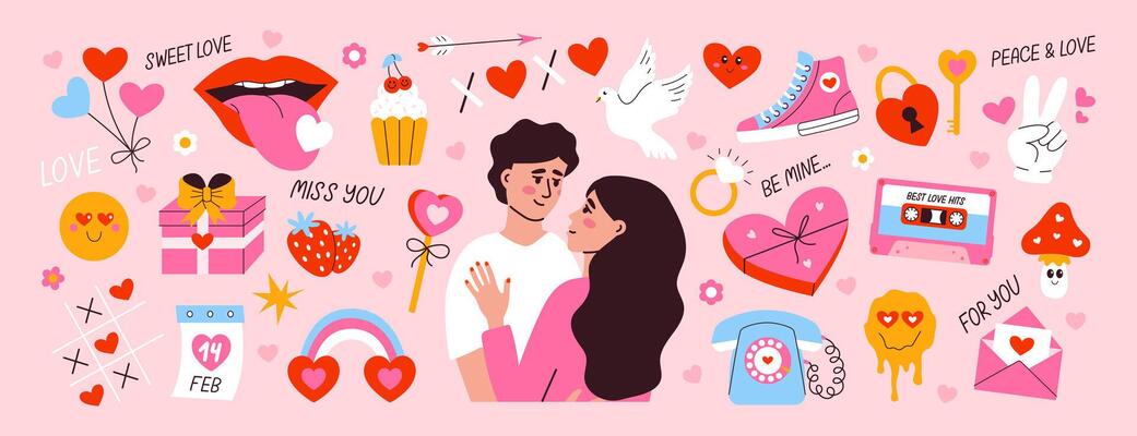 Valentines day elements set. Gifts, hearts, envelopes, candy. illustration in cartoon style. Perfect for stickers and greeting cards and posters
