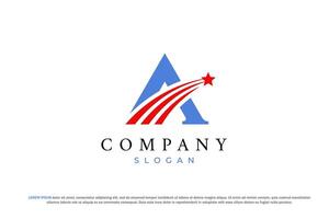 letter a shooting star american usa flag color with line trails vector