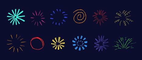 Firework, spiral, circle chalk kid drawing, brush strokes texture, colorful illustration isolated on dark background. vector