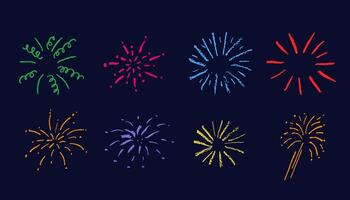 Firework chalk kid drawing, brush strokes texture, illustration isolated on dark background. vector