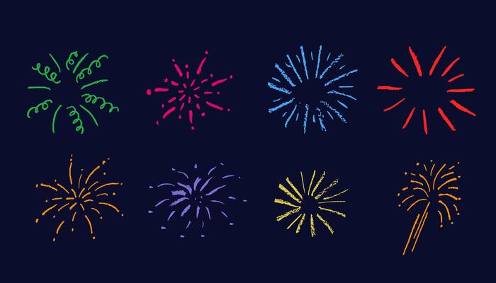 Firework chalk kid drawing, brush strokes texture, illustration isolated on dark background.