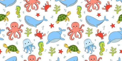 Baby seamless pattern with cute sea crab, whale and turtle on white background for textiles or fabric for newborns vector